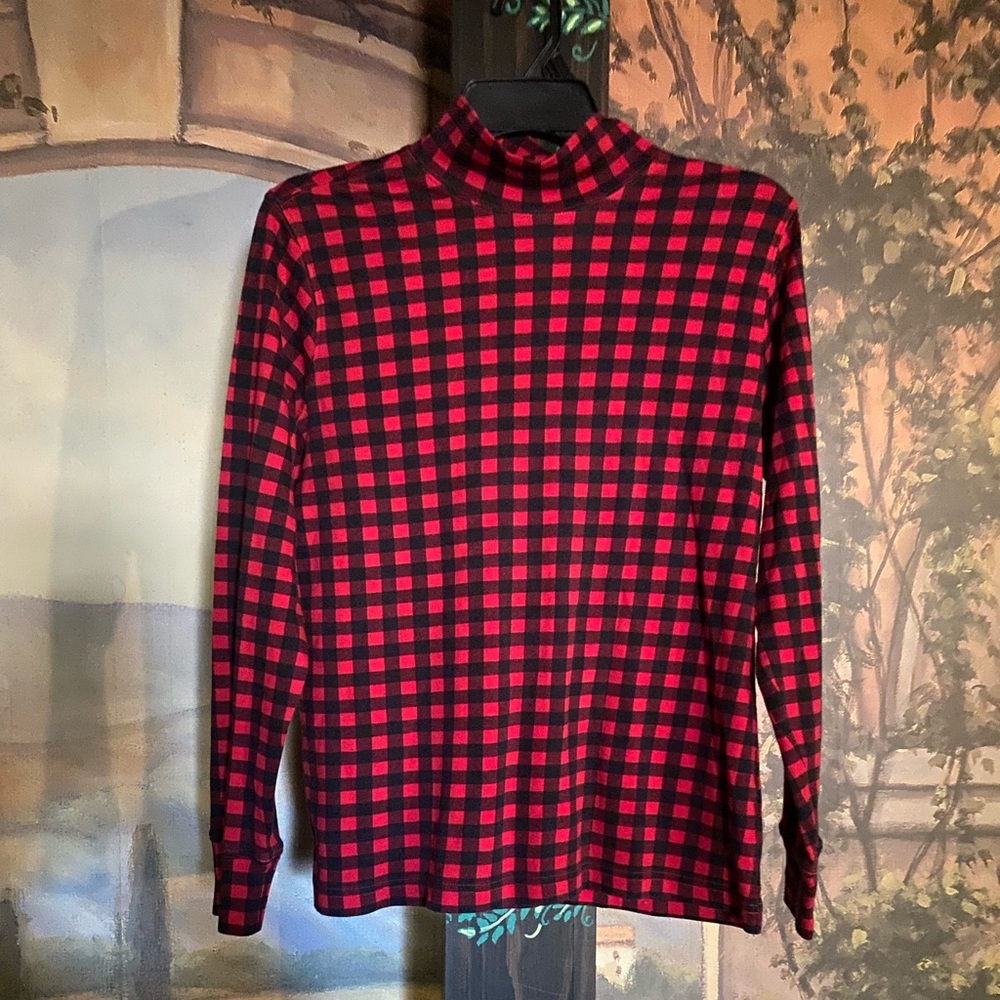 Lands End Red and black plaid turtleneck top - Picture 2 of 4